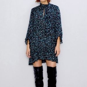 Zara Dress 3/4 Ruffle Sleeve Pleated Shift Necktie Black and Blue Floral - small